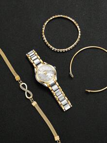 4 件套女士优雅数字表盘不锈钢表带石英腕表 + 手链，时尚休闲（不含手表） - 白色 - 查看 4