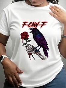 Halloween T-Shirt, Halloween Gothic Raven T-Shirt, Dark Gray Gothic Raven Print T-Shirt, Humor Gothic Raven T-Shirt, F-Caw-F Shirt, Fun F-Caw-F Black Crow Tee, Vintage Gothic Raven Shirt, Casual Crew Neck Tee, Crow Lover Top - 白色 - 查看 1