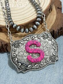 Women's Vintage European & American Bohemian Style Rose Red Turquoise English Initial Double Layer Necklace, 18-Inch Pearl + 20-Inch Rectangular Alloy Pendant, Suitable For Daily Wear, Dates, Theme Parties, You Will Get Many Compliments From Friends When Wearing It - Hot Pink - View 22