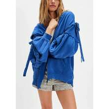 Women Oversized Zip Up Sweatshirt Open Front Loose Fit Long Sleeve Tie Bow Hoodies Y2K Streetwear With Pockets - 藍色 - 查看 2