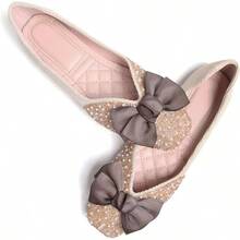 SAILING LU Square Toe Flats Shoes Rhinestoned Bowknots Ballet Flats For Women Studded Dress Shoes Comfort Light Weight LoafersChristmas - C-米色 - 查看 1
