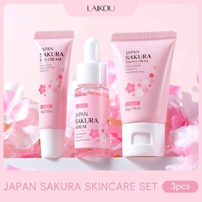  三合一套装保湿修复 LAIKOU 日本樱花旅行套装护肤套装，平滑精华液 17ml 去除眼袋黑眼圈眼霜 15g 减少细纹保湿霜 30g 适合旅行黑斑修复水疗美容和自我护理适合女性和女孩母亲节礼物化妆