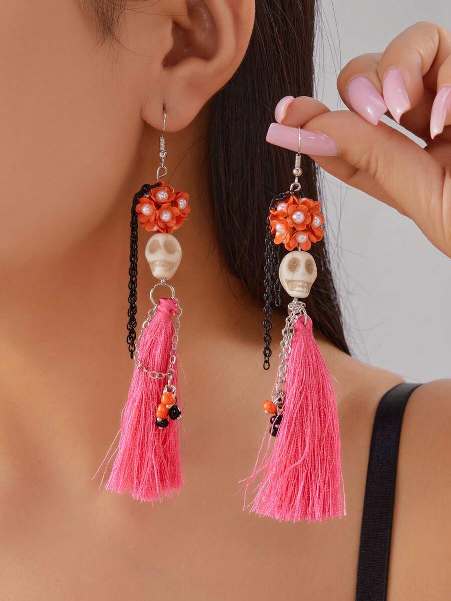 1 对万圣节耳环，带有古怪有趣的骷髅流苏米珠耳环 - 粉色 - 查看 1