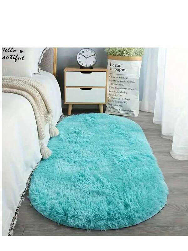 Tapete de Área Oval de Pelo Sintético Azul de Luxo - Tapete de Poliéster Ultramacio e Antiderrapante para Quarto, Sala de Estar e Decoração de Hotel | Lavável à Mão, Almofada Versátil Felpuda