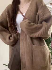 Las mujeres de cuello en V estilo perezoso chaqueta de punto, botón simple japonesa jersey otoño e invierno casual suéter de punto suelto