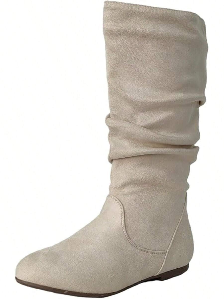 Women's Soft Suede Low Heel Mid Calf Boots| Fall Outdoor Footwear With Side Zipper & Non-Slip Sole - Flat Boots,Slouch Boots For Women-2025 - 米色 - 查看 1