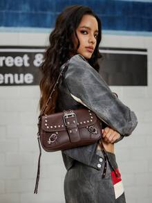 DareSee Túi đeo vai, túi xách tay, túi hình lưỡi liềm, túi biker thời trang đính đinh tán, khóa cài bằng da, quà tặng mùa đông, lễ hội âm nhạc. - Cà phê - Xem 2