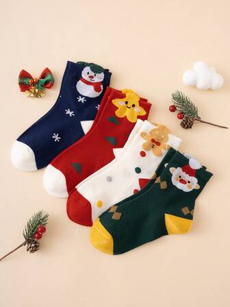 4 Pairs Cute Colorful Patterned Christmas Santa Claus & Snowman Design Children's Mid-Calf Socks, Contrast Color, All Season, European Size, Comfortable Breathable Durable, Rich Colors, Suitable For Daily Wear, Premium Fabric, Non-Stuffy