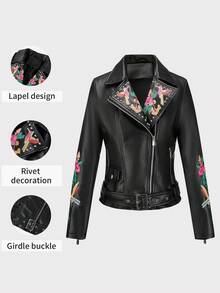 Risissida 女士复古花朵 PU 皮夹克，采用多彩朋克双袖设计 - 适合秋冬季节，附赠腰带，女士皮革夹克