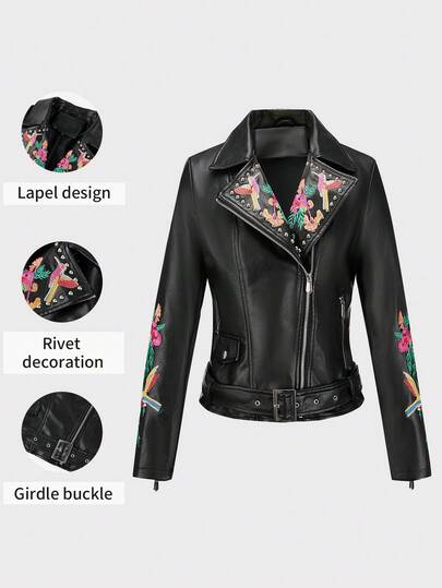 Risissida 女士复古花朵 PU 皮夹克，采用多彩朋克双袖设计 - 适合秋冬季节，附赠腰带，女士皮革夹克