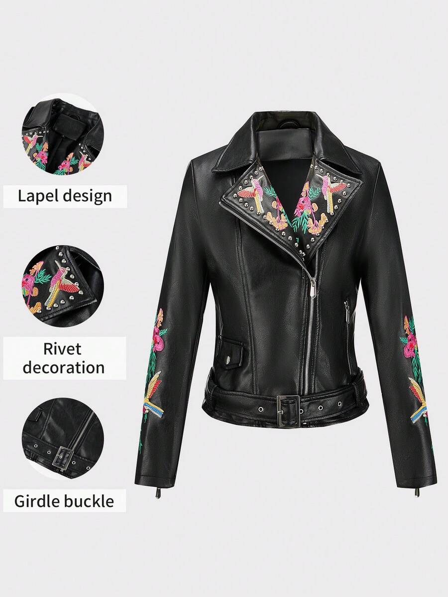 Risissida 女士复古花朵 PU 皮夹克，采用多彩朋克双袖设计 - 适合秋冬季节，附赠腰带，女士皮革夹克