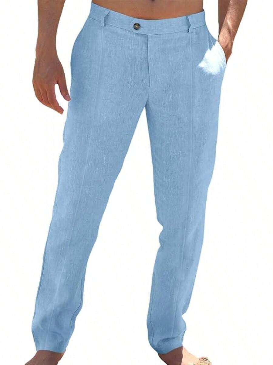 Mens Casual Pants Elastic Waist Cotton Linen Pants Pleated Loose Fit Lightweight Beach Yoga Trousers-20256688 - 藍色 - 查看 1