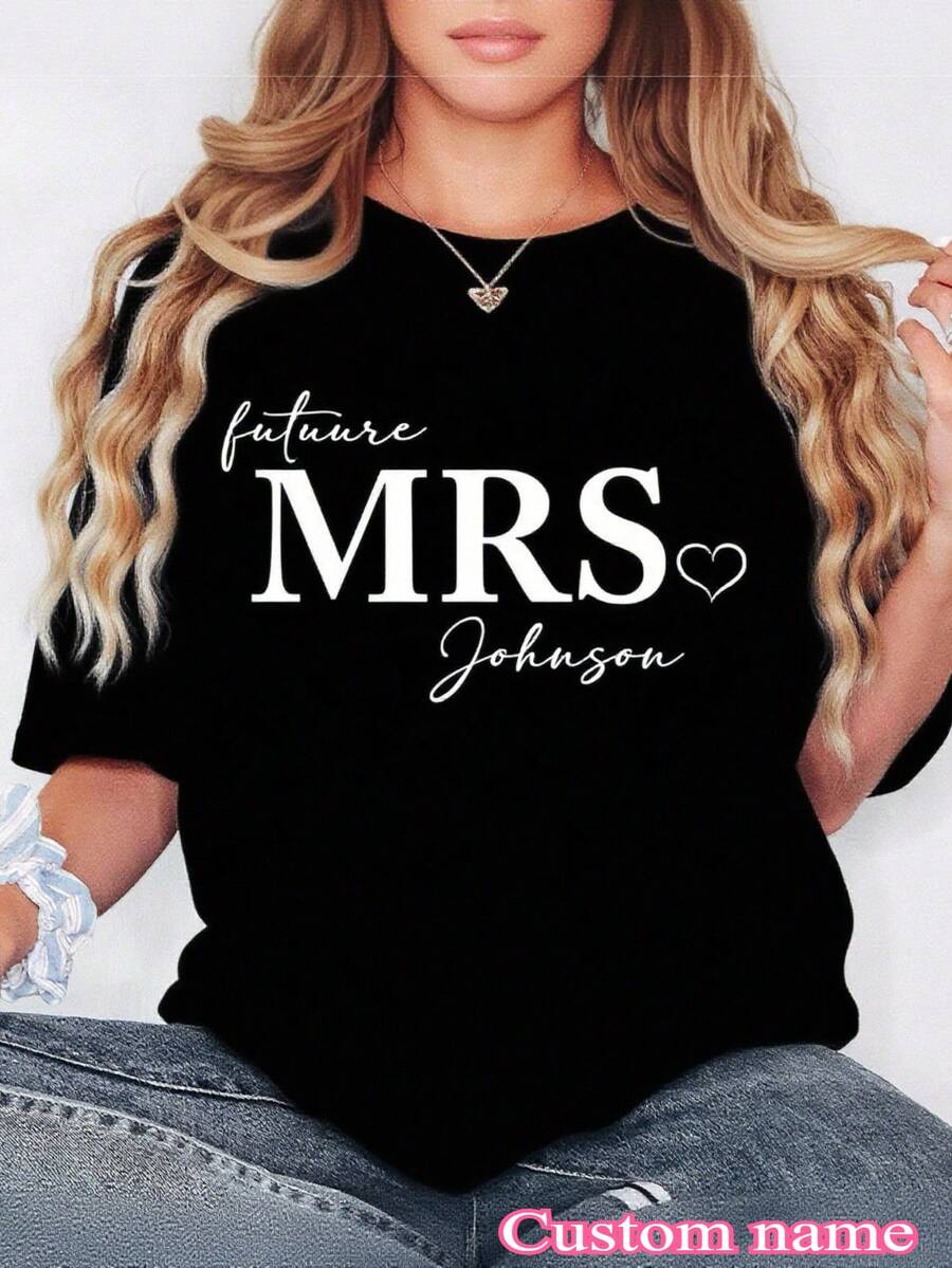 1pc Personalized Future Mrs T-Shirt, Custom Future Mrs Shirt, Personalized Bride To Be Gift, New Mrs Bridal Shower Gift Fiance - màu đen - Xem 1