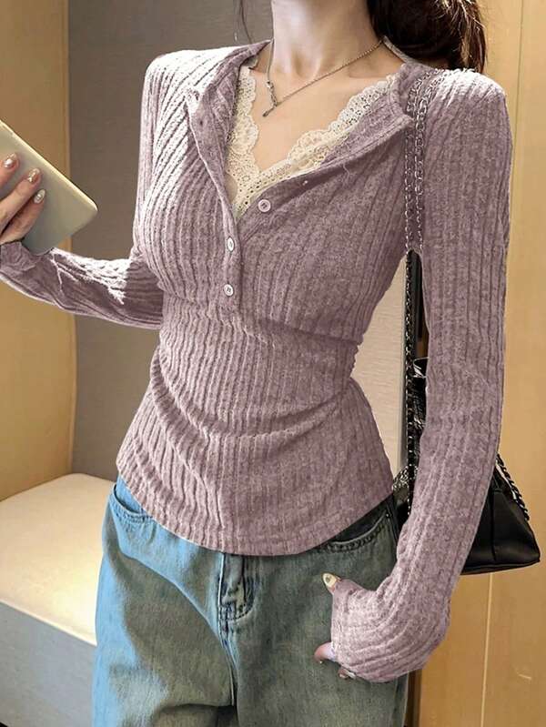 Buttons Detail Casual Lace Ruched 2 In 1 Brushed T-Shirt Top