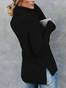 Suéter de mujer de manga larga con cuello alto y detalles de abertura, suéter de punto de un solo color, ajuste regular