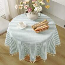 Round Tablecloths Striped Tablecloth Cotton Blend Table Cloth Washable Tabletop Decorative Fabric Table Cover For Kitchen Dinning (Green, Round 39 Inch) - Green39Round - View 4