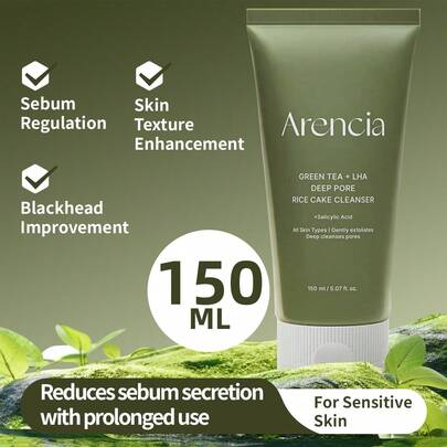 arencia 1pc 150ml Green Tea + LHA Deep Pore Cleansing Cream, 3-In-1 Gentle Exfoliating Cleanser For Oily Skin & Blackheads, 72-Hour Fermented Rice Cake Texture