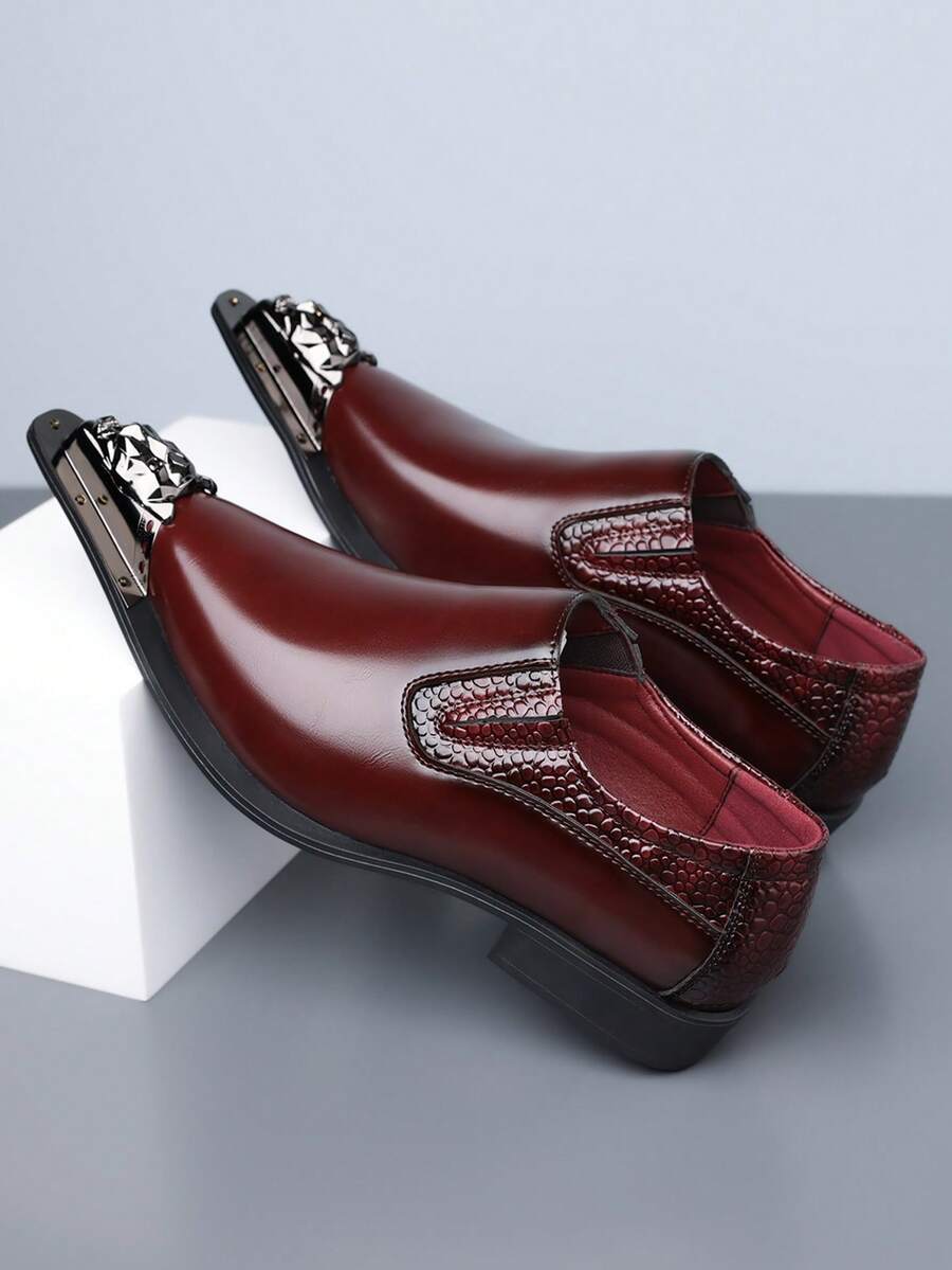 1 双男士尖头金属头低帮正装鞋，时尚休闲软底皮鞋，适合商务/办公室穿着，四季皆宜 - 酒紅色 - 查看 1