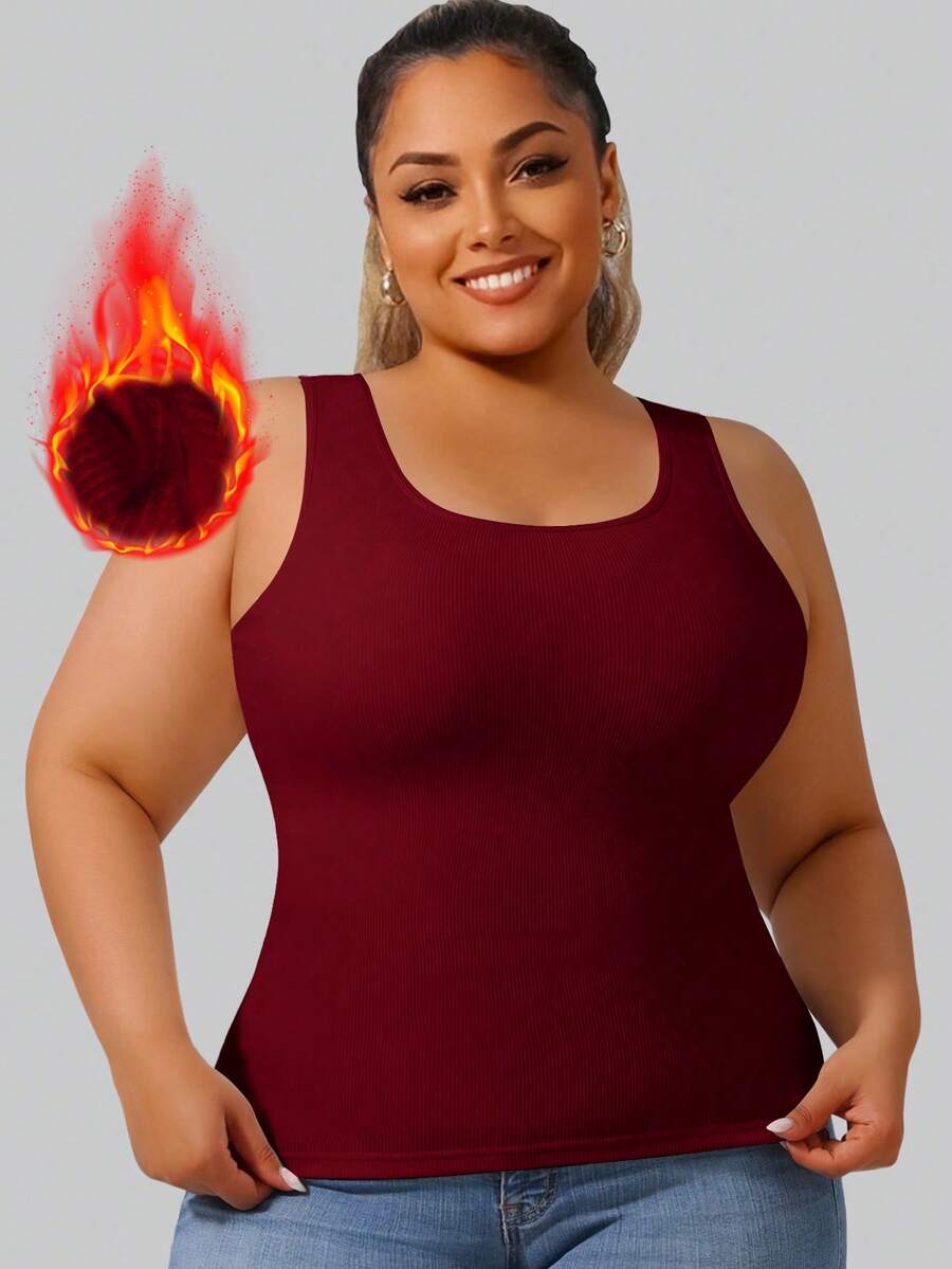 1pc Brushed Camisole With Built-In Coaster, Ribbed Yoga Thermal Vest, Suitable For New Year/Valentine's Day, Winter, Wine Red, No Bra Required
