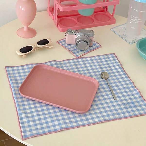 1 pieza/6 piezas/30 piezas Estilo INS Manteles individuales y posavasos de tela con estampado a cuadros rosa y azul, con borde rosa, de material de algodón