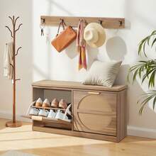 Entryway Shoe Bench, 38.9 X 9.4 X 19.7 Inch Rattan-Like Shoes Bench With Flip Drawers, 440lbs Shoe Storage Rack With Cushion, 4 Compartments And Rattan Doors, For Hallway, Living Room, Bedroom