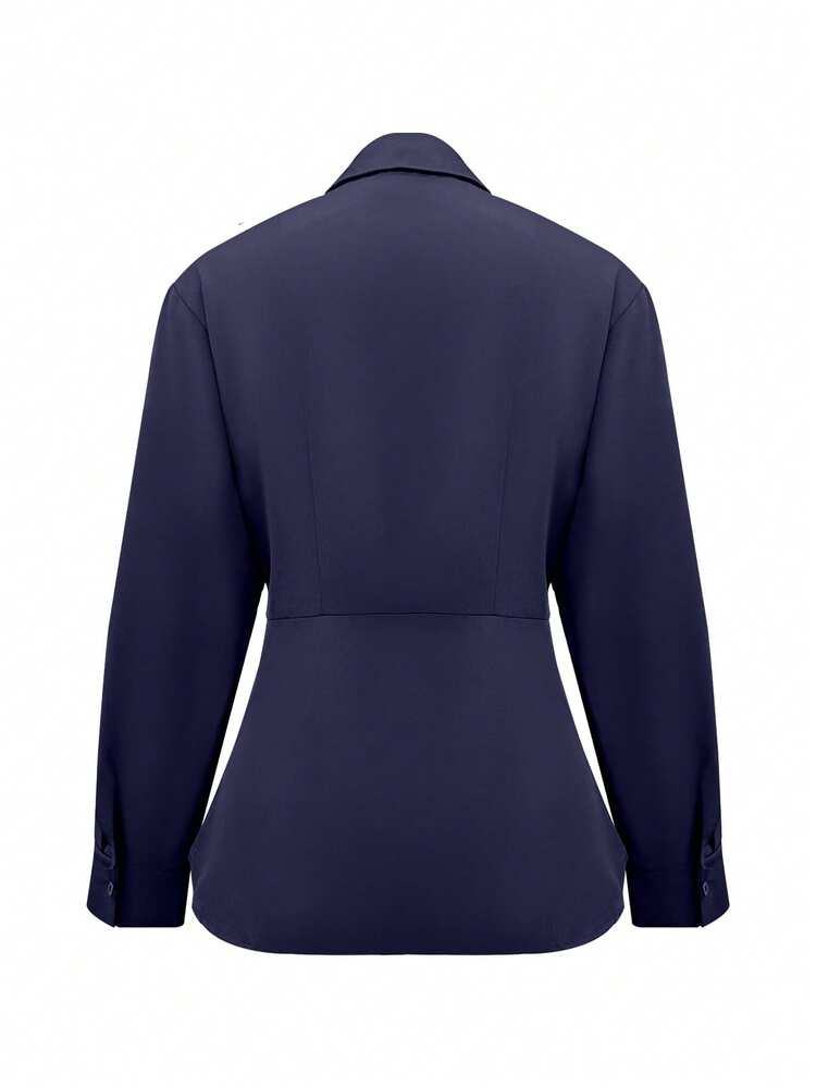 Women's Elegant Waist Design Long Sleeve Commuter Shirt, Solid Color Woven Fabric, Suitable For Office And Daily Wear, Spring/Summer - Navy Blue - View 2