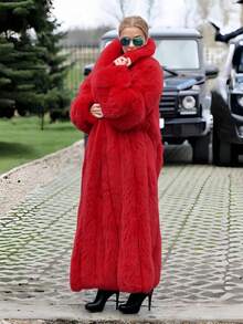 FHILLINUO 红色人造毛皮长袖宽松外套，奢华瀑布领，蓬松细节，冬季款 - 紅色 - 查看 4