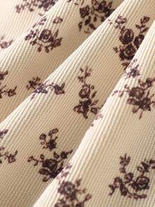 年轻女孩复古碎花灯芯绒长袖公主裙，可爱荷叶边领，及膝长裙，秋季 - 杏色 - 查看 9