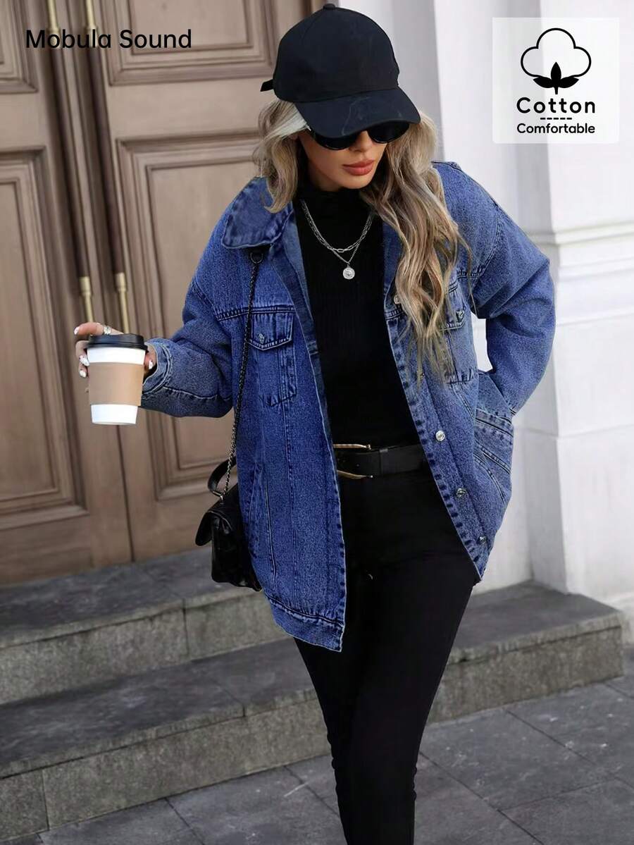 Mobula Sound Middle East Versatile Casual Sports Fashion Women's Spring Autumn Winter Fleece Windproof Jacket, Blue Y2K Student College Young Style Denim Jacket - Fermented Dark Blue - View 1