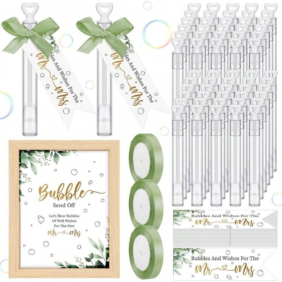 405 Pcs Wedding Bubbles Wands Set Include Heart Bubble Wands Bubbles Send Off Cards Gift Tags Wood Photo Frame Ribbons For Wedding Send Off Party Favors Sage Green - 鼠尾草綠 - 查看 1