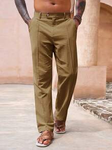 Mens Casual Pants Elastic Waist Cotton Linen Pants Pleated Loose Fit Lightweight Beach Yoga Trousers-20256688 - 棕色 - 查看 4