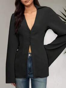 Damen Einfarbige Bluse mit Knopfleiste und Schlitz-Saum, Büromode