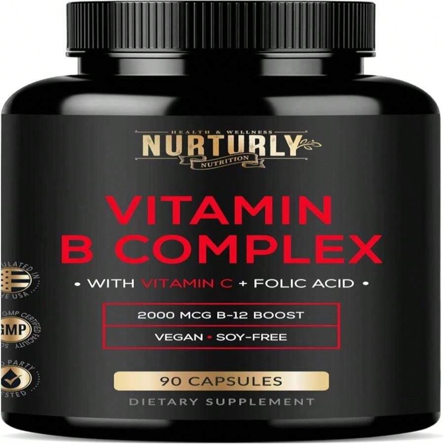 Vitamin B Complex With Vitamin C - Contains All Essential B Vitamins - B1, B2, B3, B5, B6, B7, B9, B12 And Biotin - Super B Complex Vitamins For Energy, Immunity And Mood Support - 90 Capsules - Flavor NameA - 查看 1