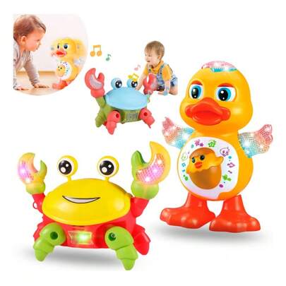 Conjunto de brinquedos musicais com caranguejos e patos, quedançamse movem, têm luzes e sons. Recomendado como presente.