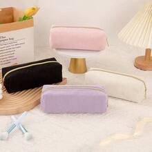 1pc High-Quality Corduroy Pencil Case - Spacious Polyester Supply With Zipper Closure, Mixed Colors White & Golden-Tone Zipper Pulls, Stylish Minimalist Design For Students & Professionals, Professional Organizer, Student Stationery Storage, Textured Fabric,Back To School,Pencil Pouch,School Bag