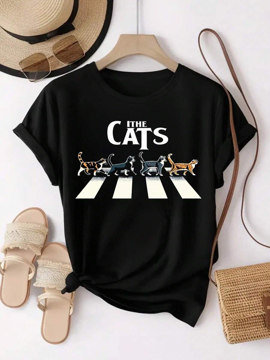 Camiseta Gatos Abbey Road Mujer, Estilo Musical y Divertido, Algodón 100% Cómodo 180g, Ideal para Amantes de Gatos y Música,playeras navideñas,blusas elegantes dama,blusas curvy mujer. - Negro - Ver 1