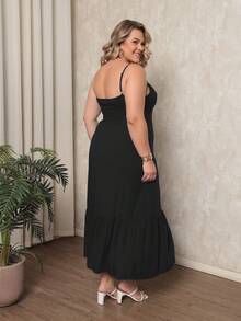 Women's Plus Size Long Dress In Plain Viscose With Padded Bra, Adjustable Straps And Front Buttons - Black - View 2