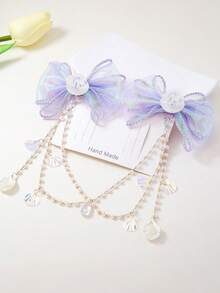1 Pair Girls/Teens Mermaid Shell Bow Pearl Tassel Princess Cute Dance Performance Headband Hair Clips Hair Accessories - Purple - View 8