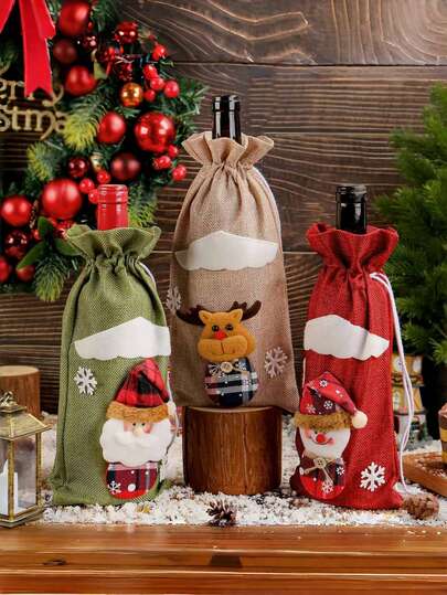 1pcsNew Linen Wine Bags, Drawstring Bottle Gift Bags With Santa Claus, Snowmen, Reindeer And 3D Dolls, Reusable Christmas Wine Bottle Caps, Suitable For Christmas Holiday Party Decoration