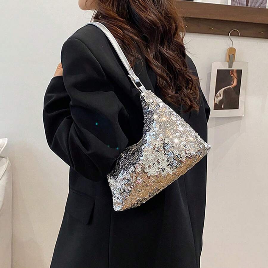 Women Shiny Sequins Handbag Fashion Tote Shoulder Bag For Work Daily Shopping Travel - Silver - View 1