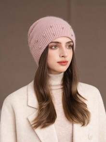 1pc Women's Rabbit Fur Knit Rhinestone Beanie Hat, Autumn/Winter Warm Thick Windproof Ski Cap, Fashionable & Versatile