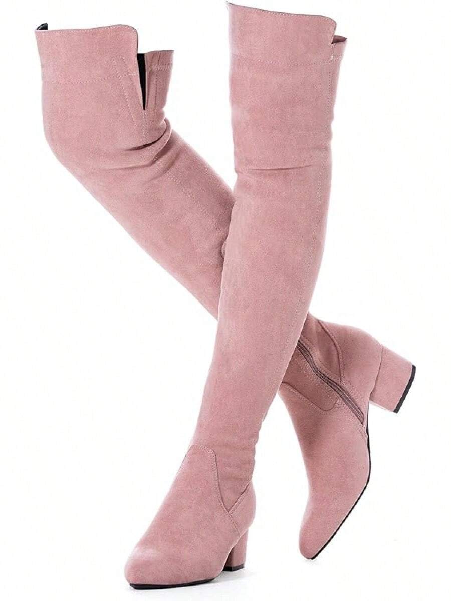 Women Over Knee Boots Thigh High Suede Black Block Low 2 Inch Heel Chunky Above Knee Winter Pointed Toe, Fashionable Cold-Weather Boots - 粉紅色 2 吋高跟鞋 - 查看 1