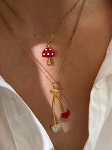 Monlansher New Fashionable Women's Stainless Steel Pendant Necklace, Minimalist Design With Mushroom & Cherry Elements, Versatile Casual Wear - Gold - View 1