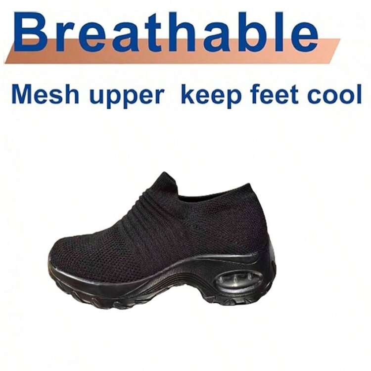 Women's Air Cushion Comfortable Shock Absorption Knitted Tying Slouchy Dance Shoes, Sports & Casual, For Walking Slip-On Shoes For Women - Black - View 4