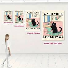 1 pieza Lava tus patitas con estampado de gato verde, lindo póster de baño, pósteres de lavado para niños en el cuarto de lavado, decoración de impresiones Kawaii, arte único de gatos, sin marco