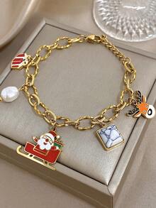 2 Stücke/1 Stück 18 Karat vergoldetes Edelstahl-Set mit Weihnachtsanhänger und Armband für Damen, süßer Weihnachtsmann-Rentierbaum, Weihnachtsgeschenk, Party-Geschenk, Muttergeschenk, Weihnachts- und Erntedankgeschenk, Schmuckgeschenk zum Jahrestag, Valentinstag, Boho-Schmuck, Alltagsparty