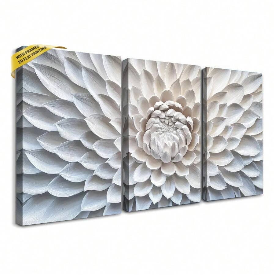 3pcs 30*40cm(12x16inch) Canvas Framed Wall Art Abstract White Flower Poster Modern Canvas Print Framed Wall Art Painting Ready To Hang Office Living Room Home Decor Picture Artwork Decor.Stretched And Framed Ready To Hang.