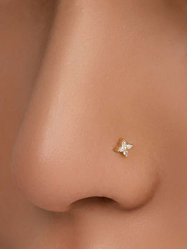1pc S925 Sterling Silver Gold Classic Diamond Four-Leaf Clover Nose Stud/Ear Stud, Simple Hypoallergenic, Sterling Silver Jewelry, Holiday Gift, Unisex Mini Exquisite Pierced Jewelry, Suitable For Men And Women Daily Wear