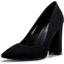 Women's IN4 Chunky Block Heel Pumps - Closed Pointed Toe Office Dress Shoes - Black Nubuck - View 1