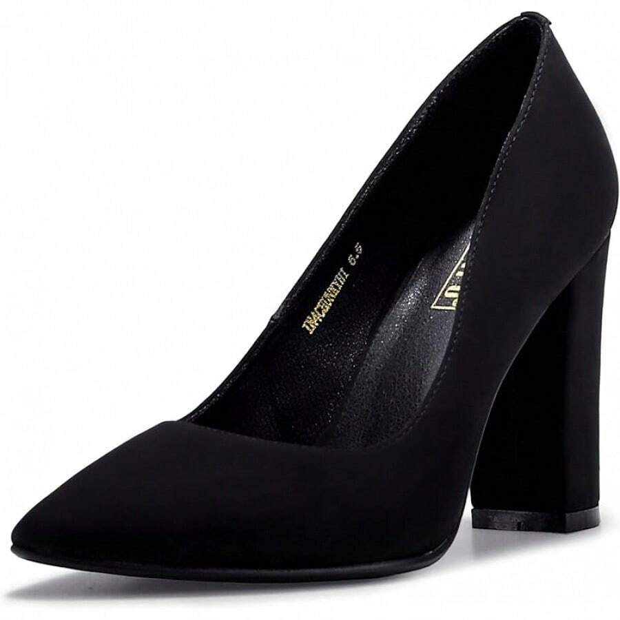 Women's IN4 Chunky Block Heel Pumps - Closed Pointed Toe Office Dress Shoes - Black Nubuck - View 1